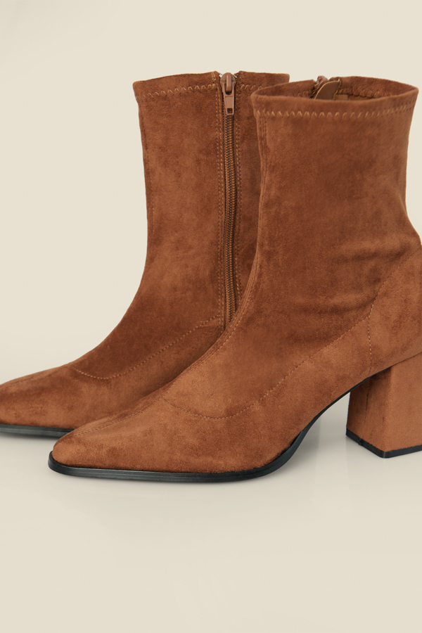 Tan Faux Suede Block Heel Ankle Boots