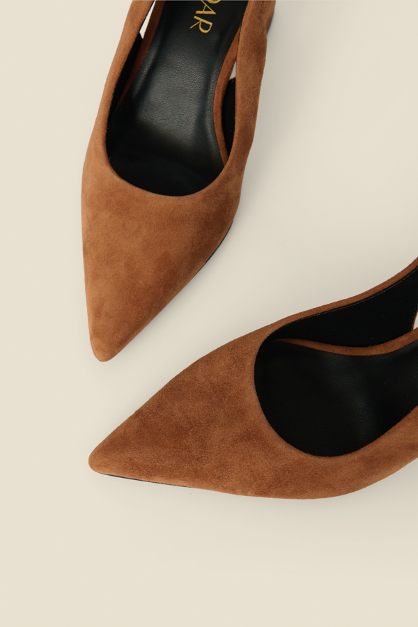 Tan Suede Block Heel Slingback Court Shoes
