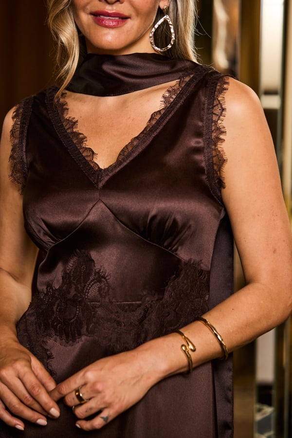 Petite Chocolate Brown Lace Detail Satin Dress With Neck Scarf