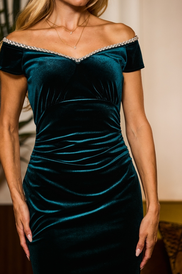 Emerald Green Velvet Embellished Trim Bardot Pencil Dress