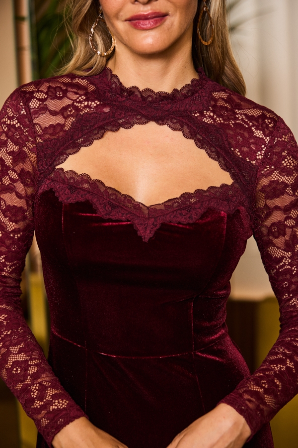 Burgundy Lace Detail Velvet Keyhole Detail Fit & Flare Dress