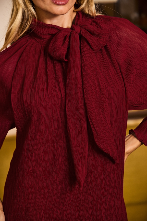 Red Plisse Tie Neck Blouson Sleeve Shift Dress