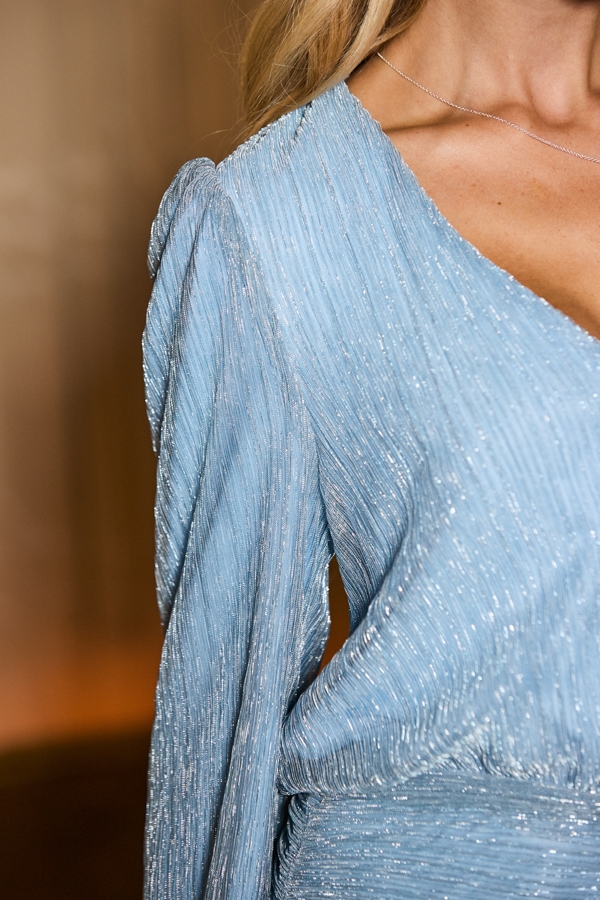 Pastel Blue Metallic Plisse V Neck Top