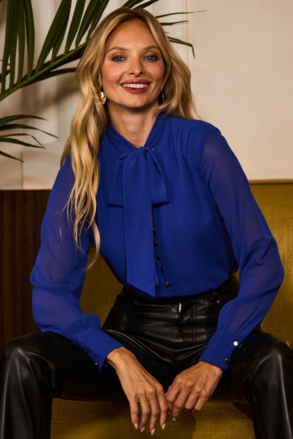Cobalt Blue Tie Neck Button Front Blouse
