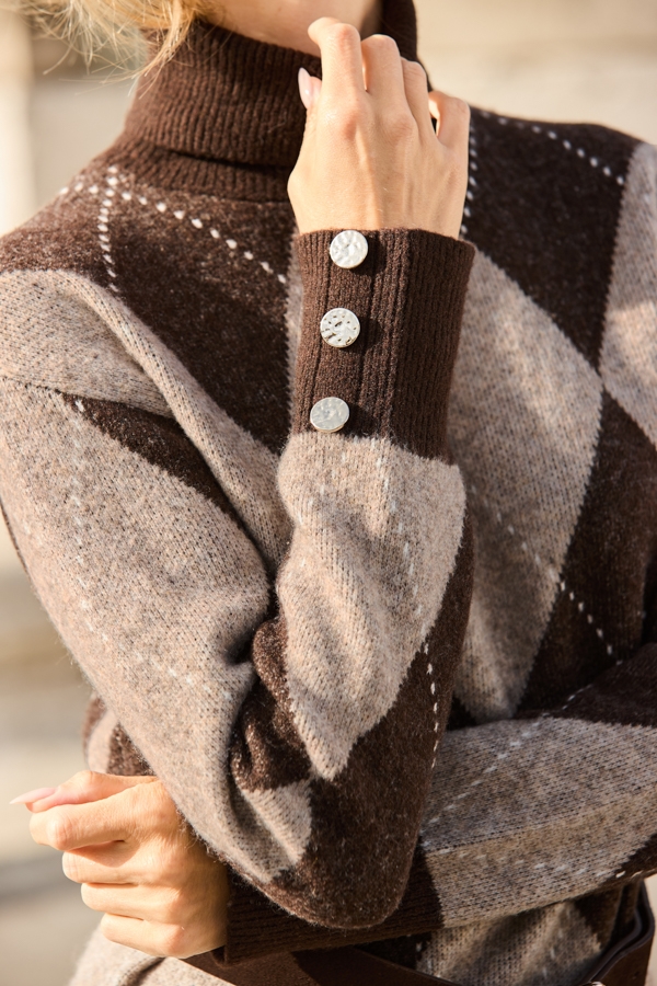Chocolate Brown Argyle Roll Neck Knitted Shift Dress