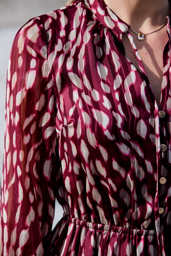Burgundy Fleck Print Tie Neck Tiered Shirt Dress