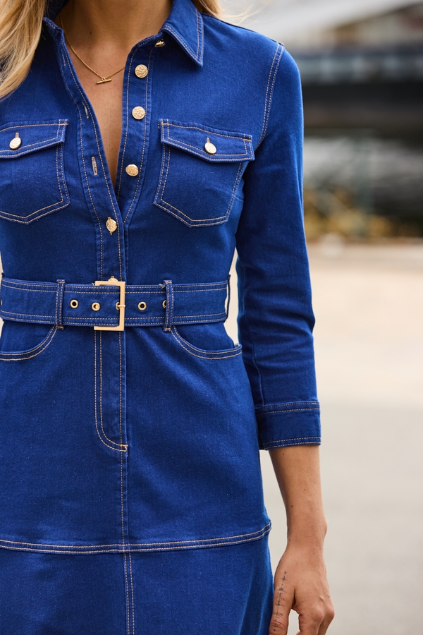 Mid Blue Belted A-Line Denim Dress