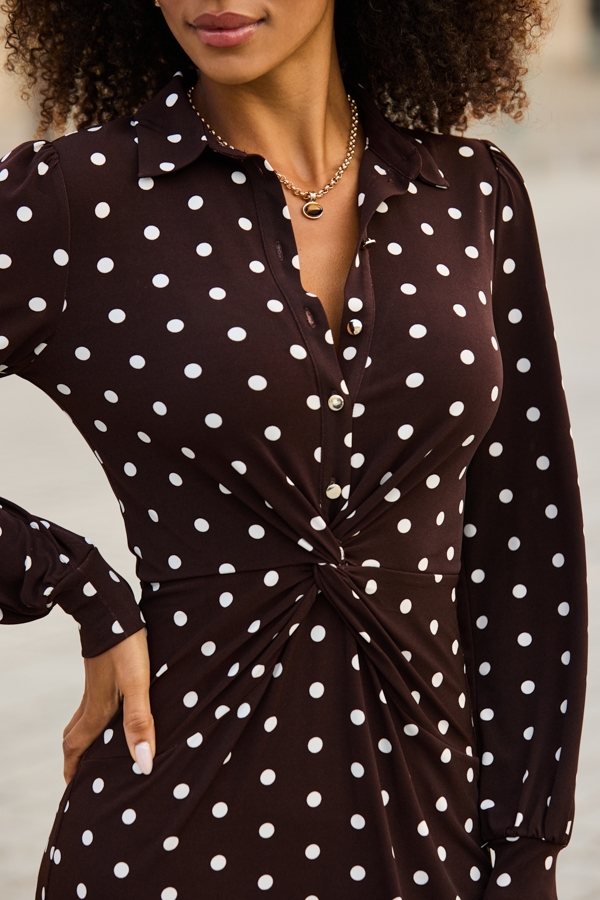 Chocolate Brown Polka Dot Print Twist Front Shirt Dress