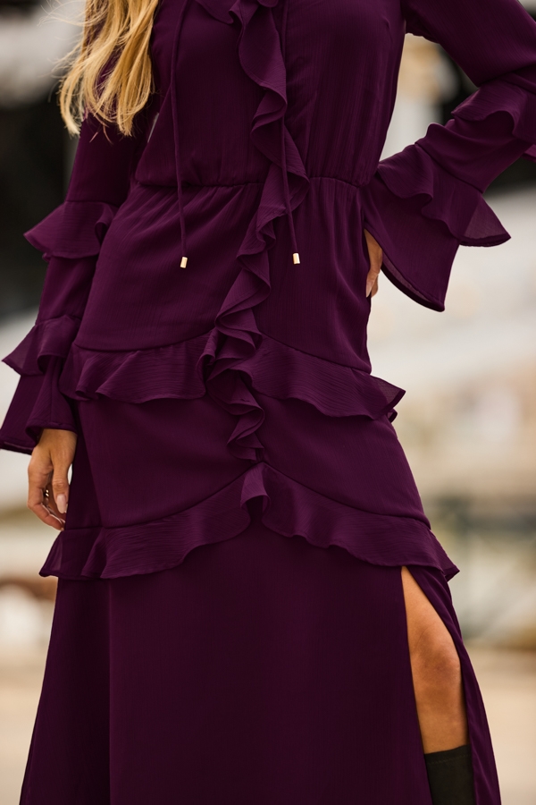 Magenta Chiffon Ruffle Detail Tiered Dress