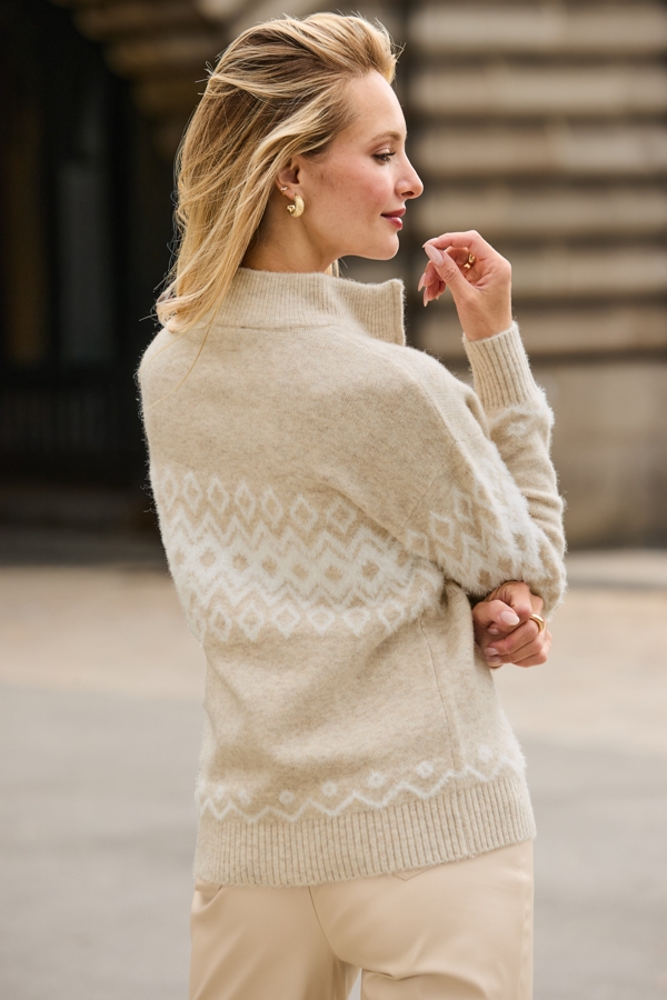 Neutral Aztec Print Funnel Neck Quarter Zip Jumper