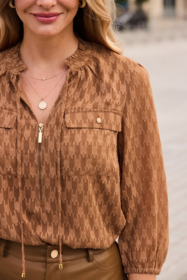 Camel Textured Zip Front Top