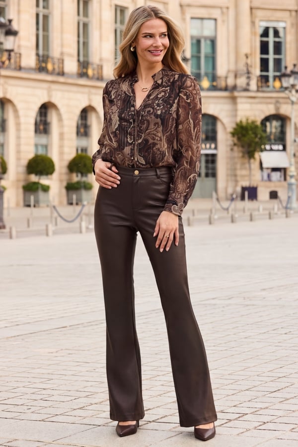 Petite Chocolate Brown Faux Leather Kick Flare Trousers