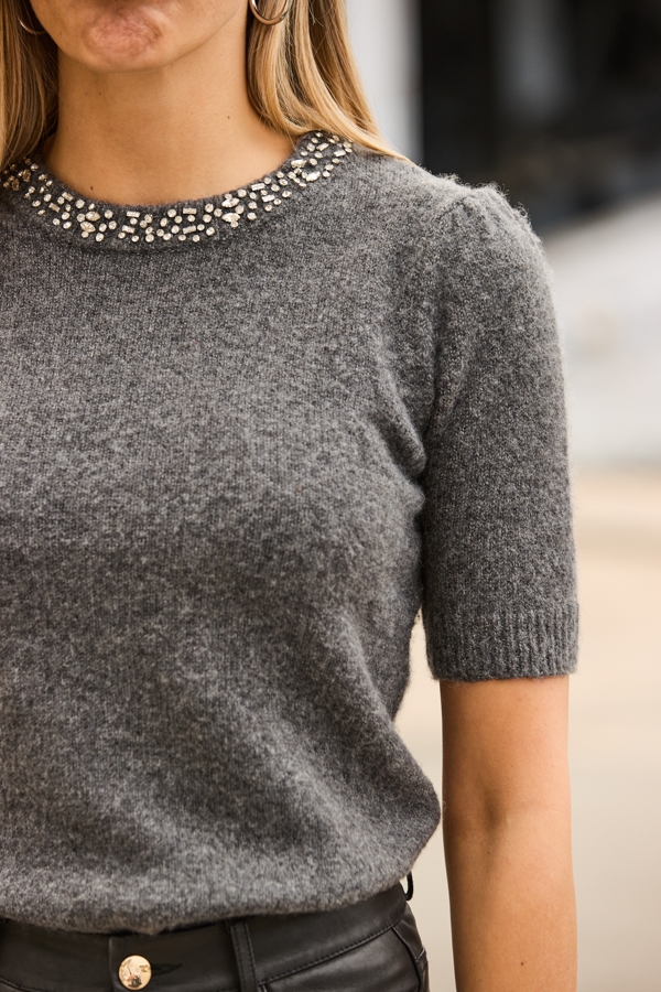 Charcoal Grey Embellished Neck Short Sleeve Jumper
