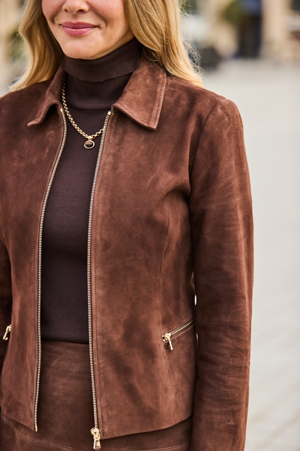 Chocolate Brown Suede Zip Front Collared Jacket