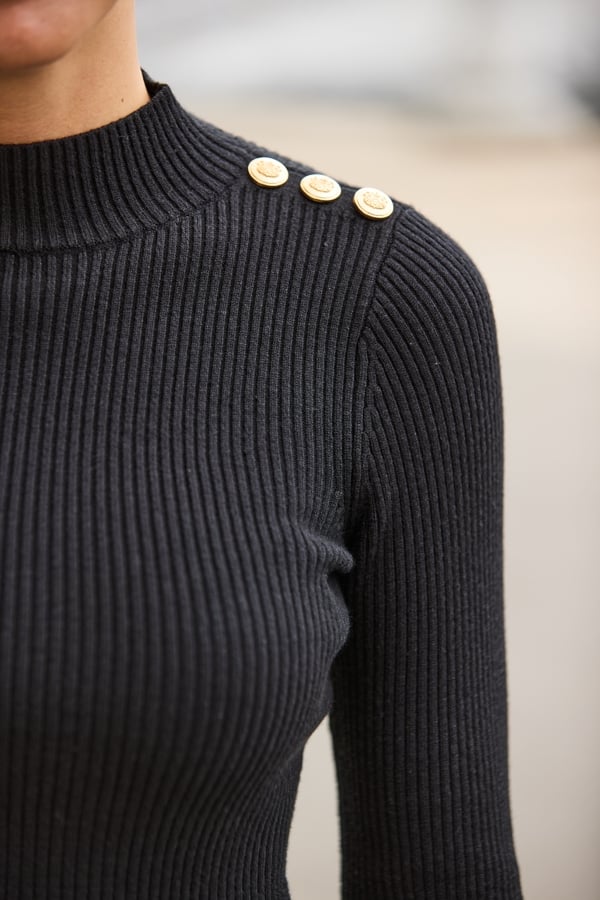 Black Button Shoulder Knitted Peplum Top
