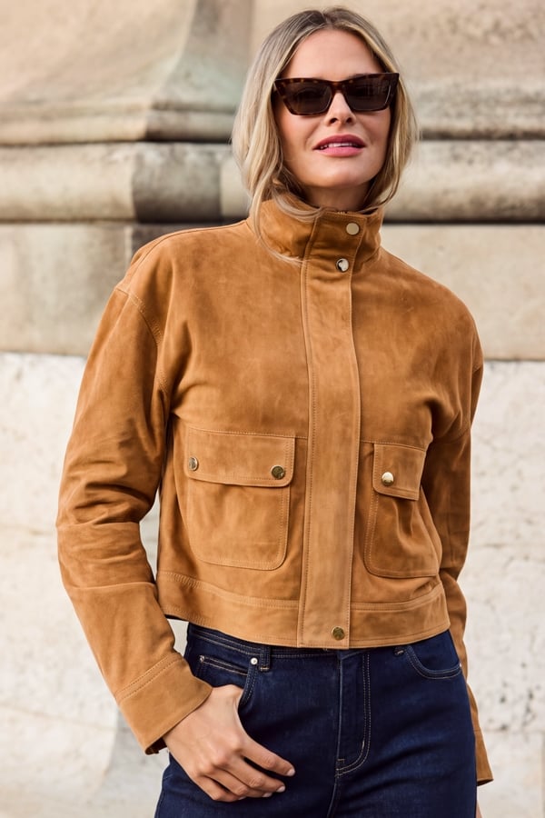 Tan Suede Funnel Collar Bomber Jacket