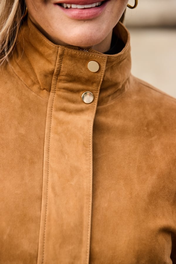 Tan Suede Funnel Collar Bomber Jacket