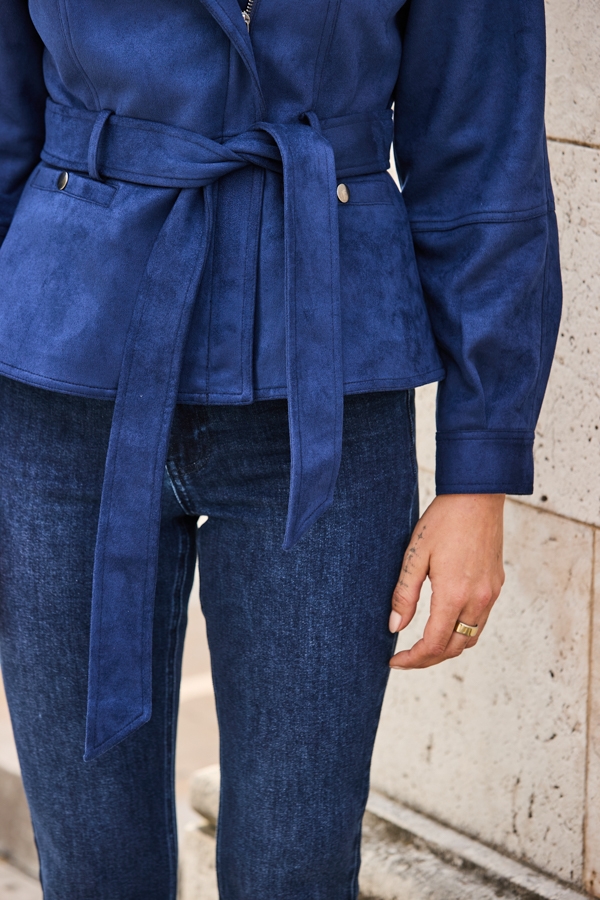 Navy Blue Faux Suede Belted Biker Jacket