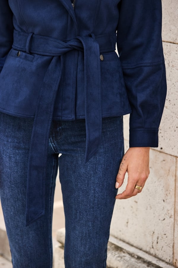 Navy Blue Faux Suede Belted Biker Jacket