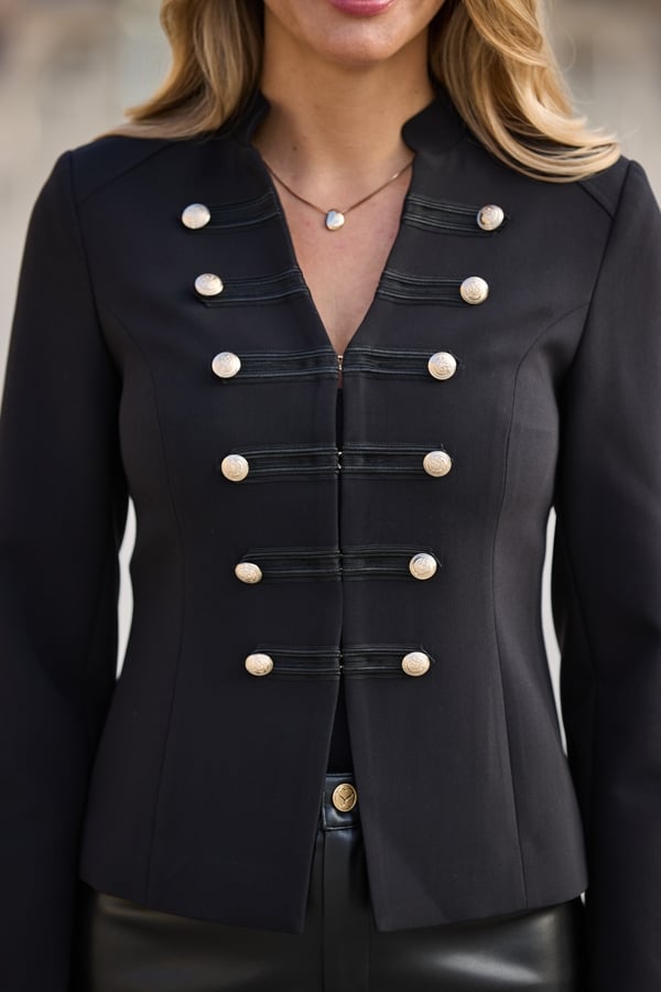 Black High Neck Military Jacket With Gold Buttons