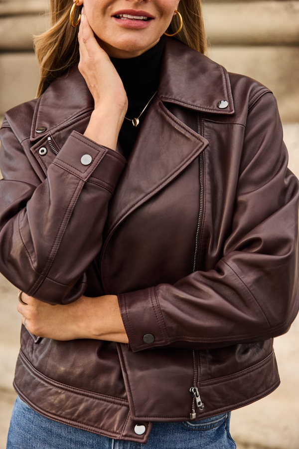 Burgundy Leather Relaxed Biker Jacket