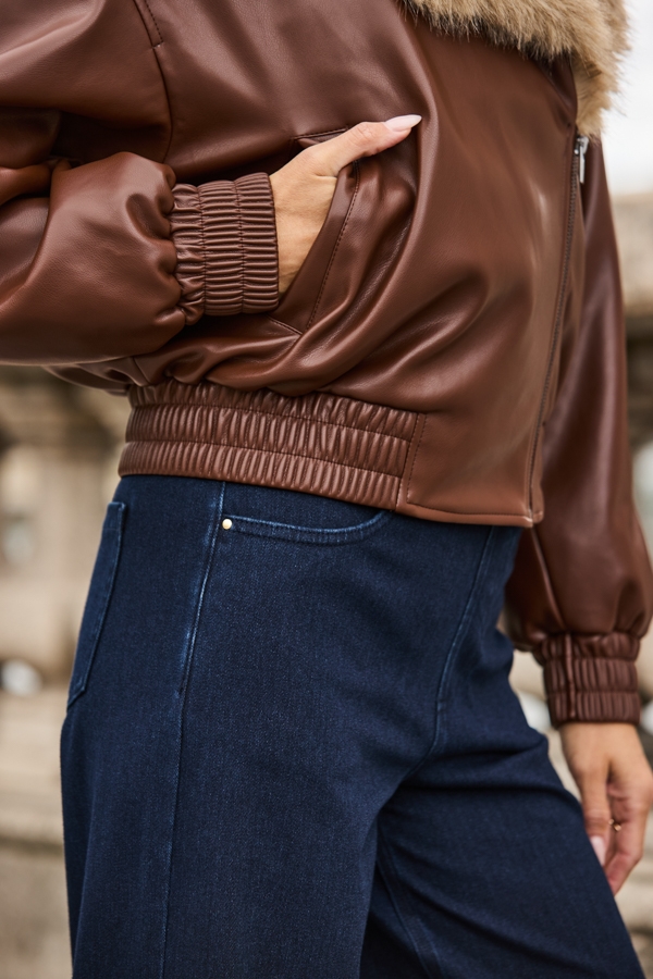 Tan Faux Leather Bomber Jacket With Faux Fur Collar