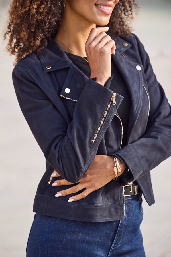 Navy Blue Suede Biker Jacket