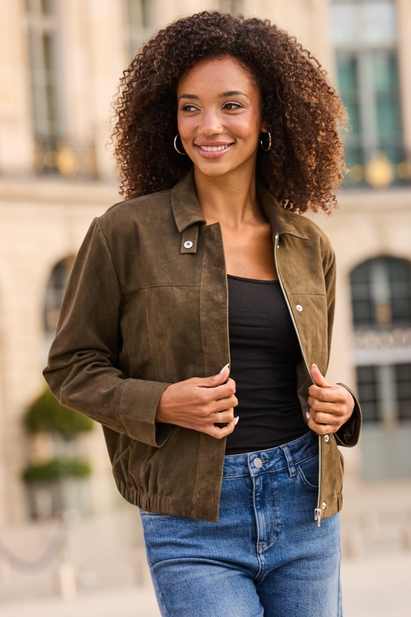 Khaki Green Suede Bomber Jacket