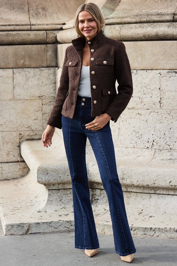 Chocolate Brown Boucle Funnel Collar Jacket With Gold Buttons