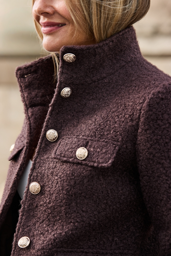 Chocolate Brown Boucle Funnel Collar Jacket With Gold Buttons