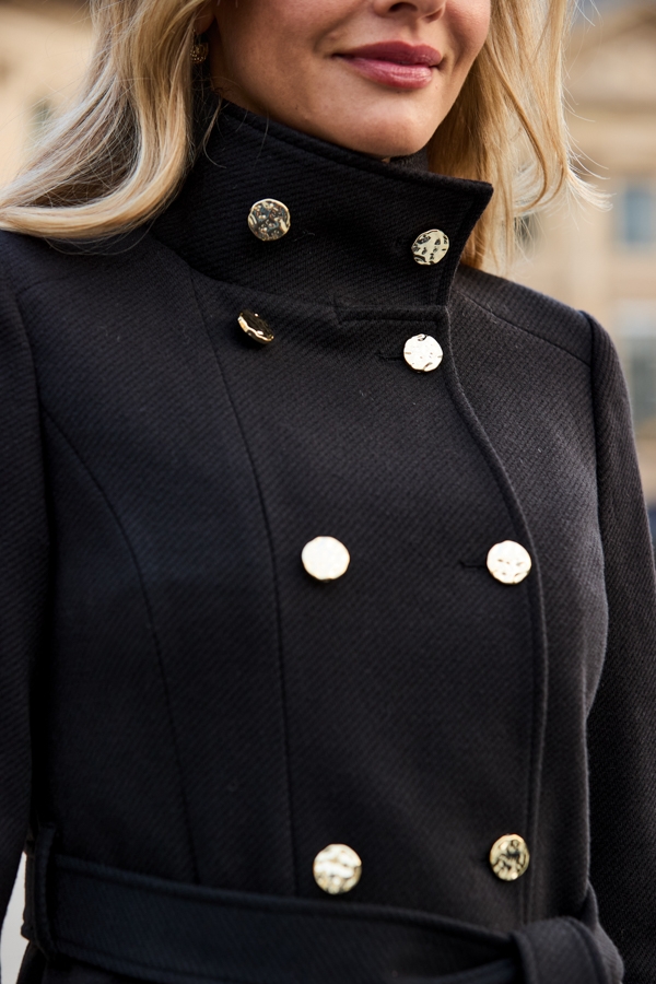 Black Belted Funnel Collar Coat