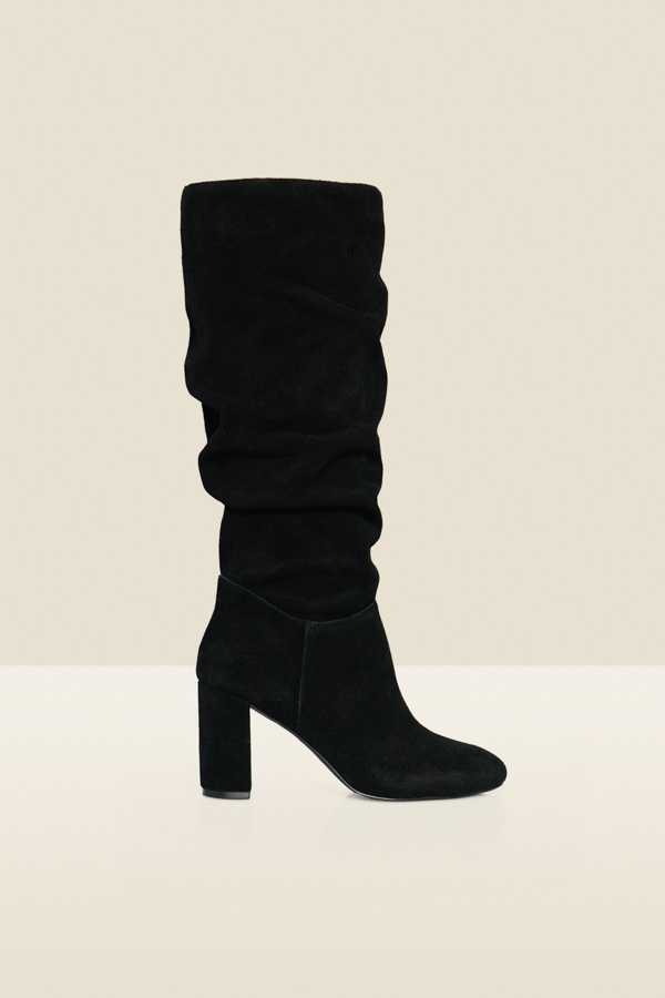 Black Suede Ruched Block Heel Knee High Boots