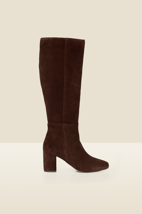 Chocolate Brown Stretch Suede Low Block Heel Knee High Boots