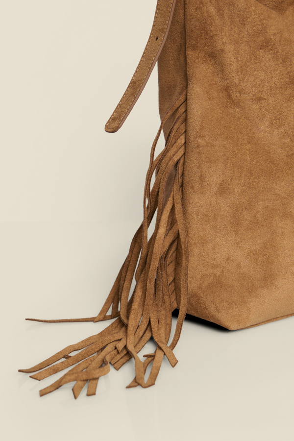 Tan Faux Suede Fringe Slouch Tote Bag