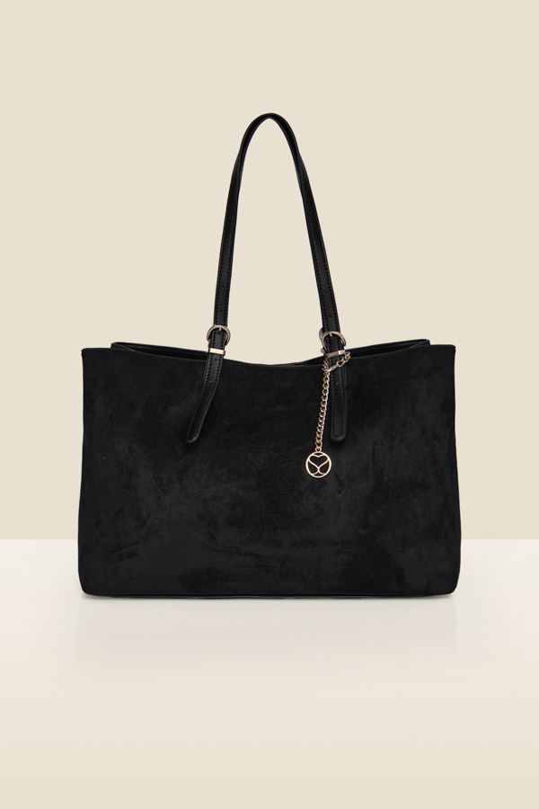 Black Faux Suede Tote Bag With Buckle Detail Straps