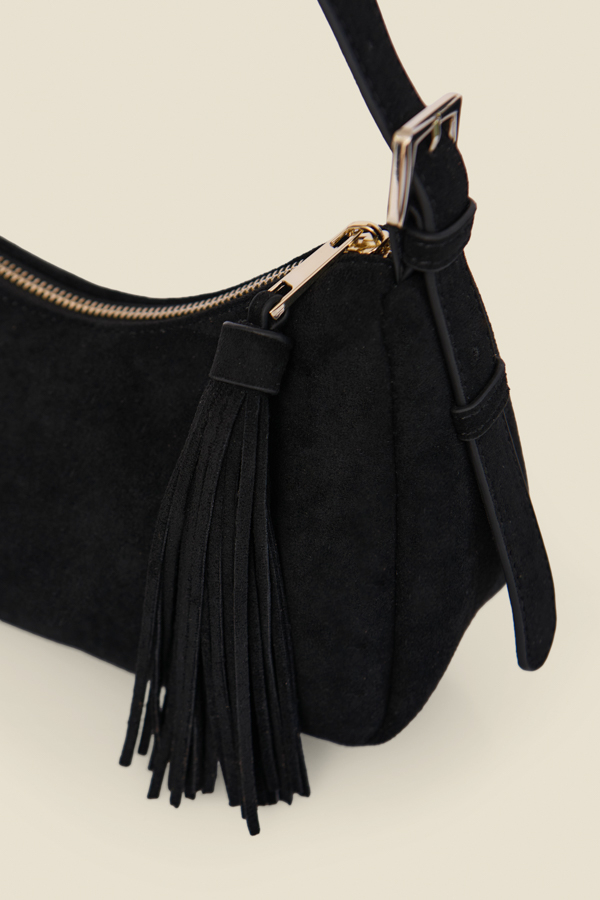 Black Faux Suede Tassel Detail Shoulder Bag