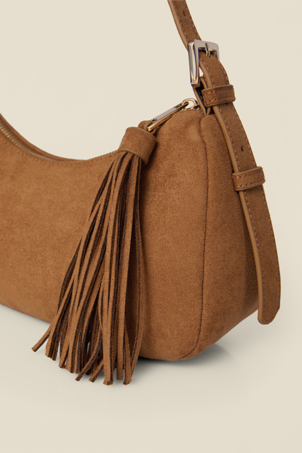 Tan Faux Suede Tassel Detail Shoulder Bag