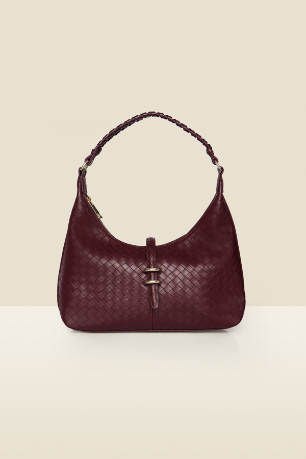 Burgundy Faux Leather Woven Shoulder Bag