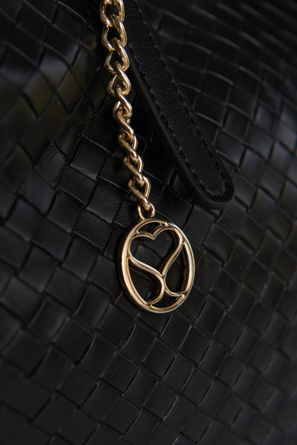 Black Faux Leather Woven Tote Bag