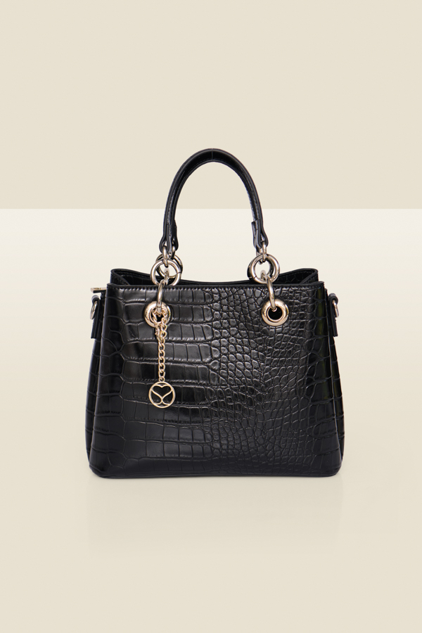 Black Croc Faux Leather Gold Trim Handbag With Cross Body Strap