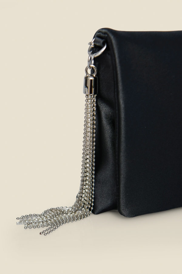 Black Satin Cross Body Bag With Diamante Tassel