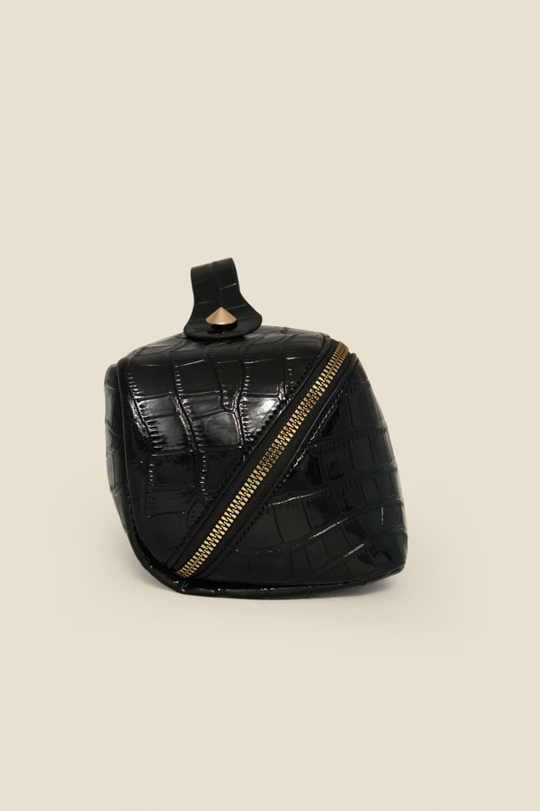 Black Faux Leather Croc Travel Wash Bag