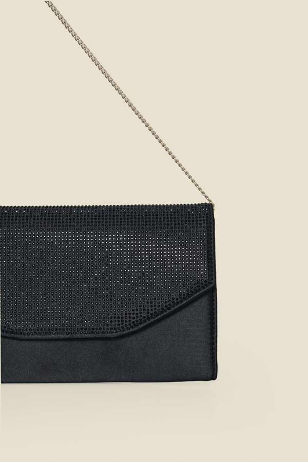 Black Satin Diamante Clutch Bag