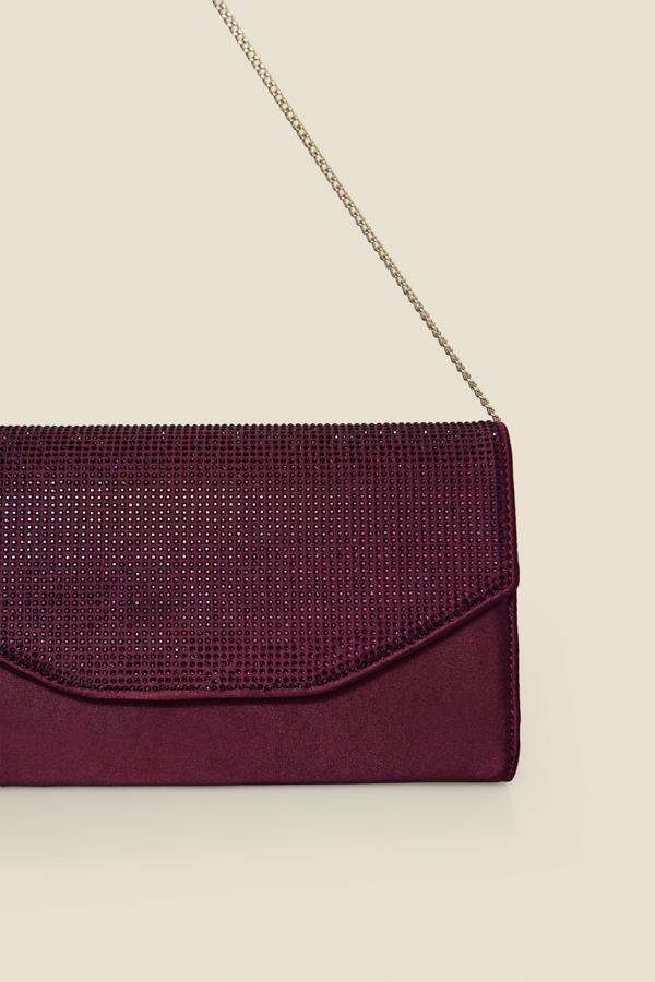 Burgundy Satin Diamante Clutch Bag