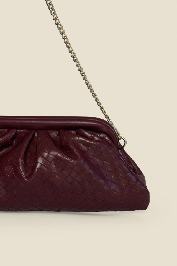 Burgundy Faux Leather Woven Clutch Bag