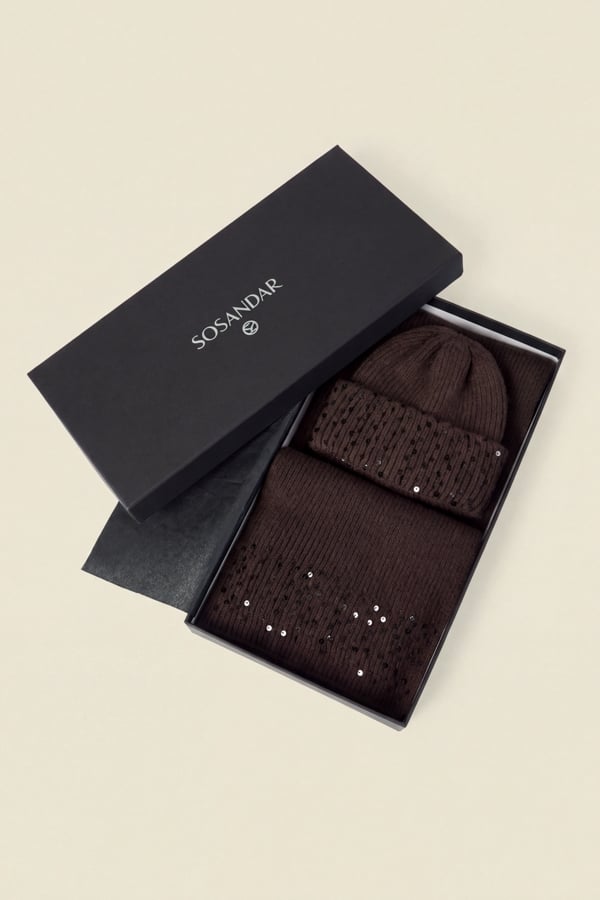 Chocolate Brown Sequin Beanie Hat & Scarf Gift Set