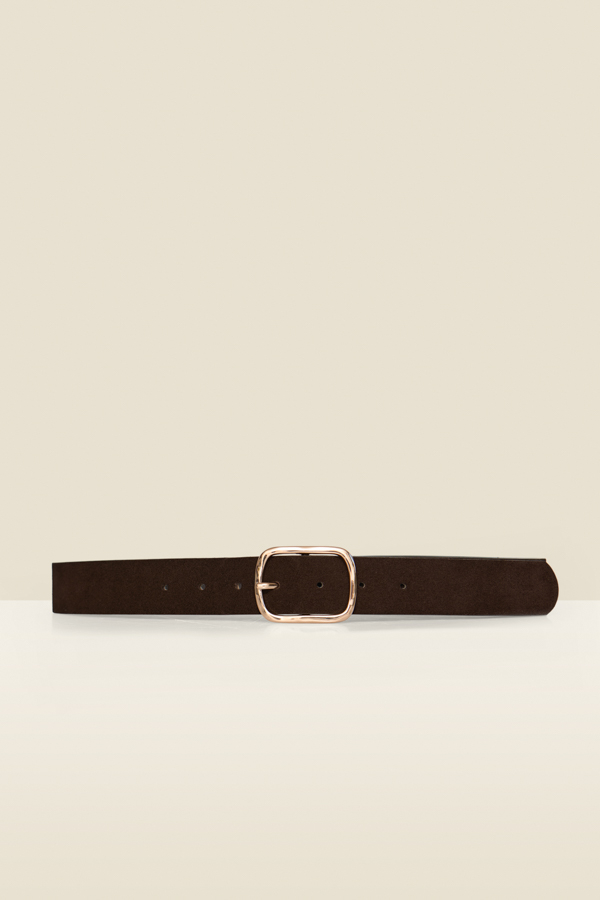 Chocolate Brown Suede Belt With Gold Buckle