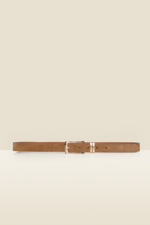 Tan Suede Belt With Gold Buckle & Hardware
