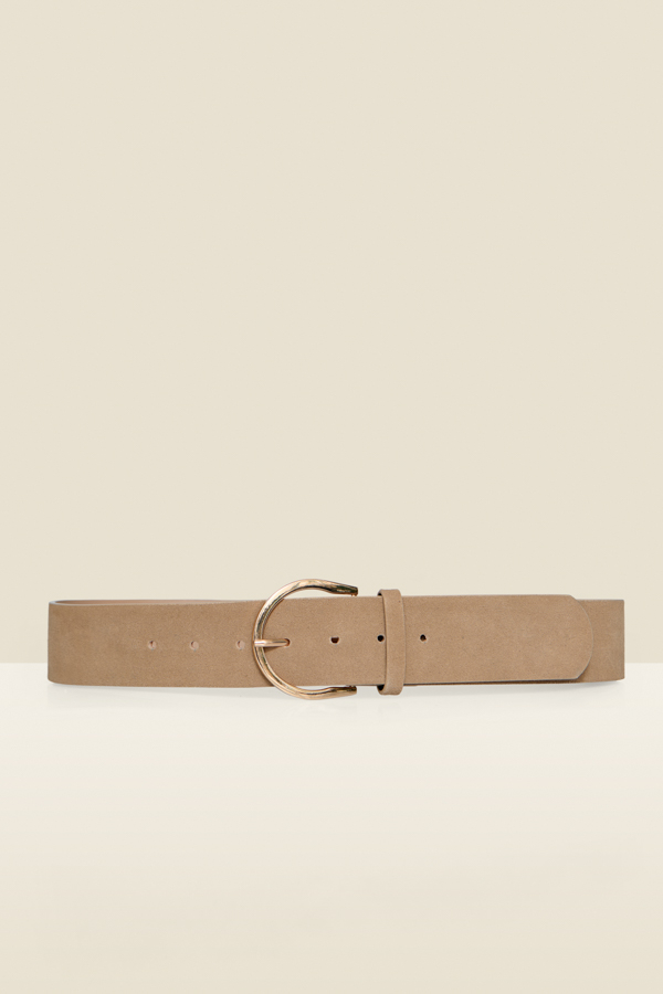 Taupe Suede Thick Belt With Gold Buckle