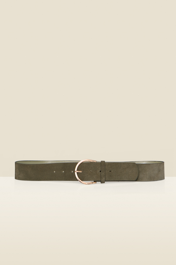 Khaki Green Suede Thick Belt With Gold Buckle